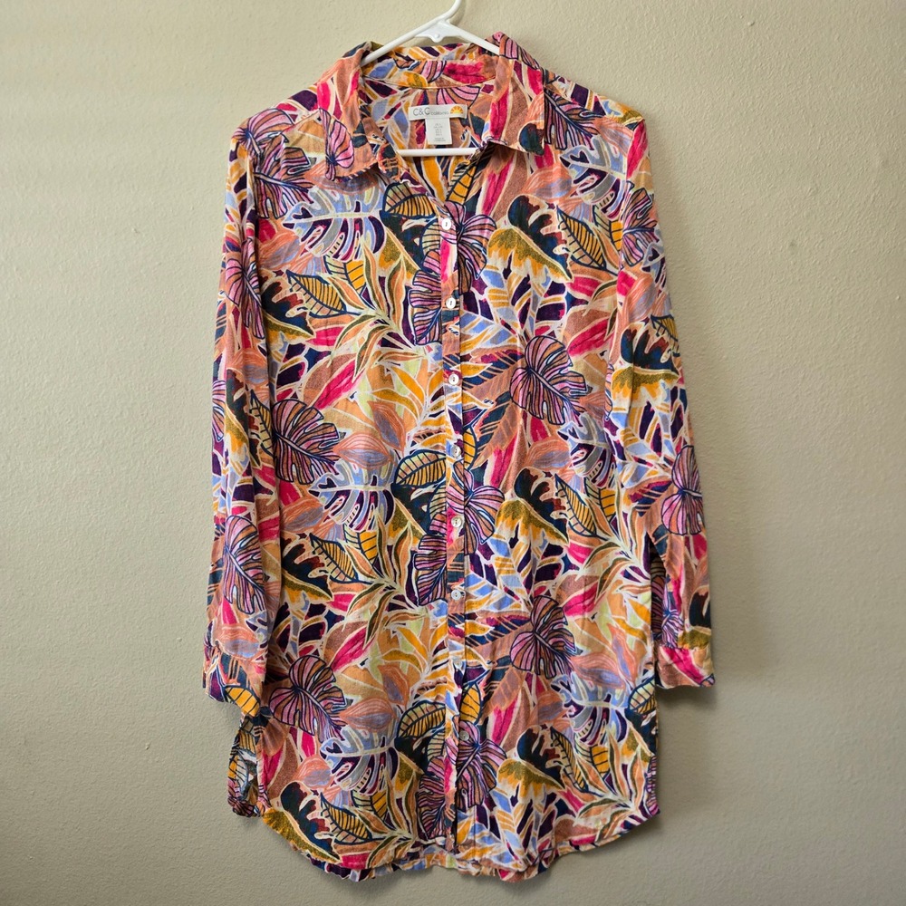 C&C California Tropical Monstera Leaf Linen Blend Button Down Tunic Womens L